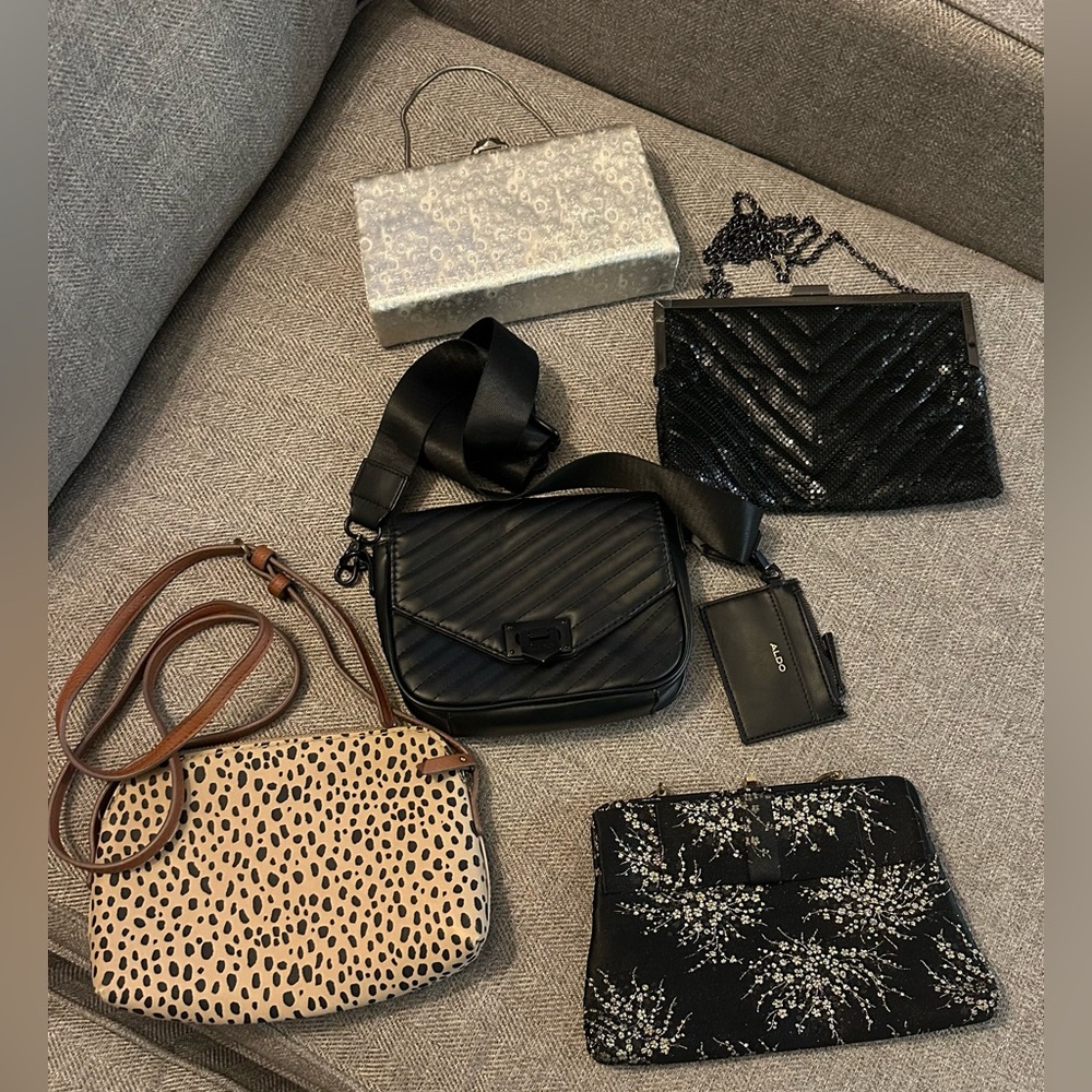 Lot of 5 handbags - 3 clutches and 2 crossbody purses